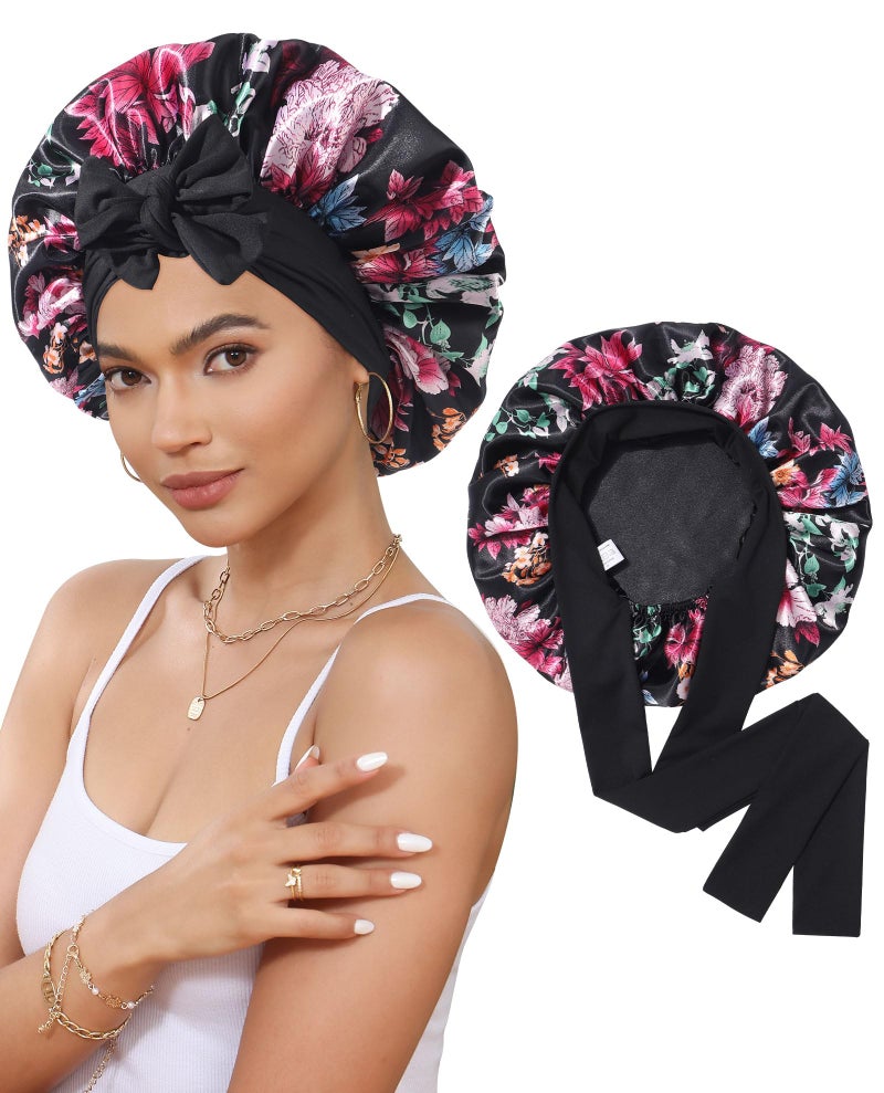 Satin Bonnet Silk Bonnet for Sleeping Silk Sleep Cap Double Layer Hair Bonnet with Elastic Tie Band for Curly Hair Night CapBlackFlower